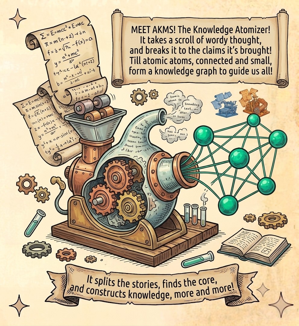 AKMS, the knowledge atomizer: a machine takes scrolls of equations, breaks them into atomic claims, and emits them as a connected knowledge graph